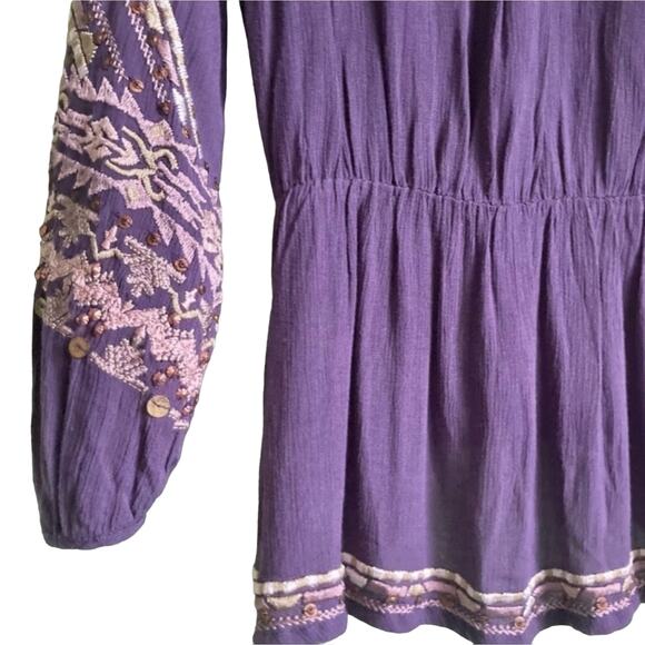 Free People Sequins Blouse Women Sz S Purple  Embroidered Long Puff Sleeves Boho - Picture 12 of 15